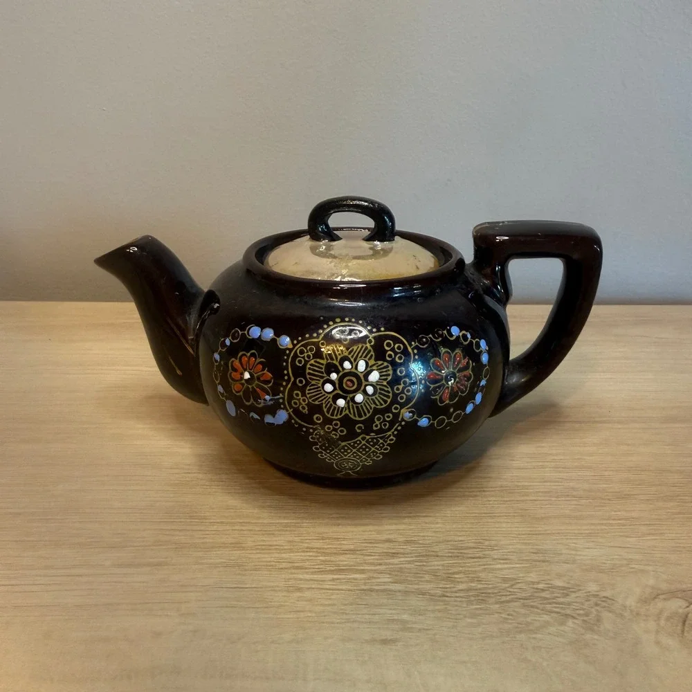 Vintage Moriage Style Hand Painted Ceramic Teapot Brown Gold Floral Boho Decor